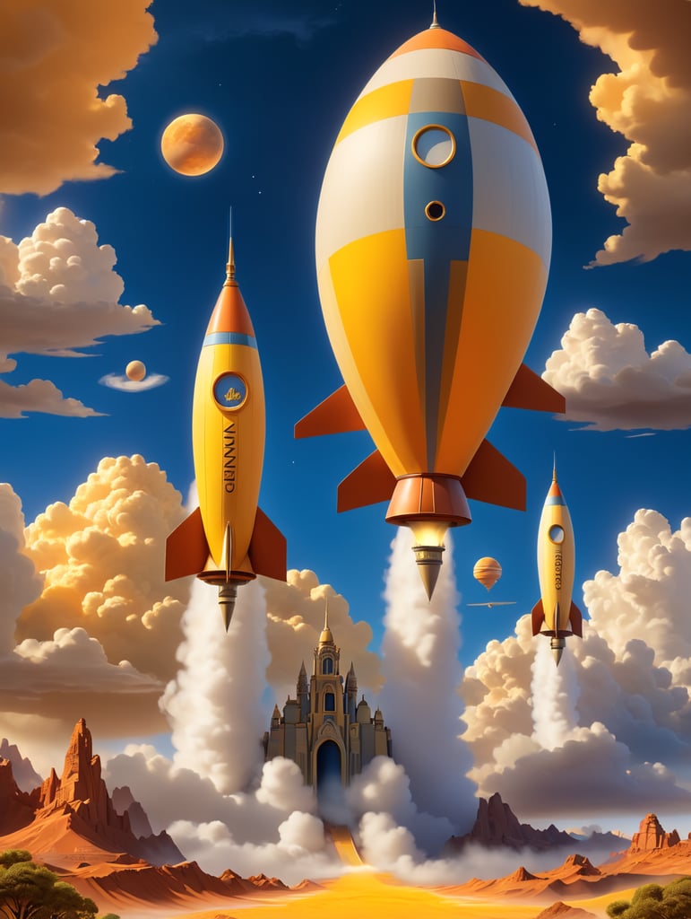 Ein Vintage-Reiseplakat für Venus im Hochformat. Die Szene zeigt die dicken, gelblichen Wolken der Venus mit der Silhouette eines sich nähernden alten Raketenschiffs. Geheimnisvolle Formen deuten auf Berge und Täler unter den Wolken hin. Der untere Text lautet: „Explore Venus: Beauty Behind the Mist“. Das Farbschema besteht aus Gold-, Gelb- und sanften Orangetönen und erweckt ein Gefühl des Staunens.