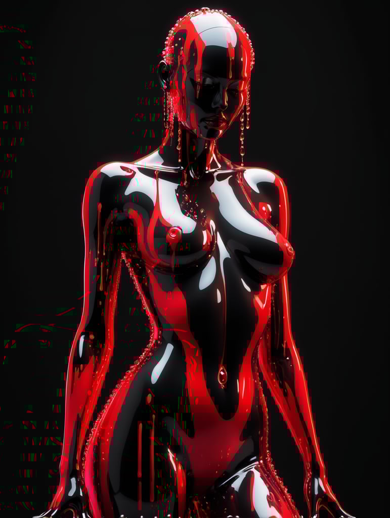 smooth female figure in neon reds, reflection on body, in the style of vray tracing, dripping, grotesque beauty, rendered in cinema4d, mystical, black background, abstract, minimalism
