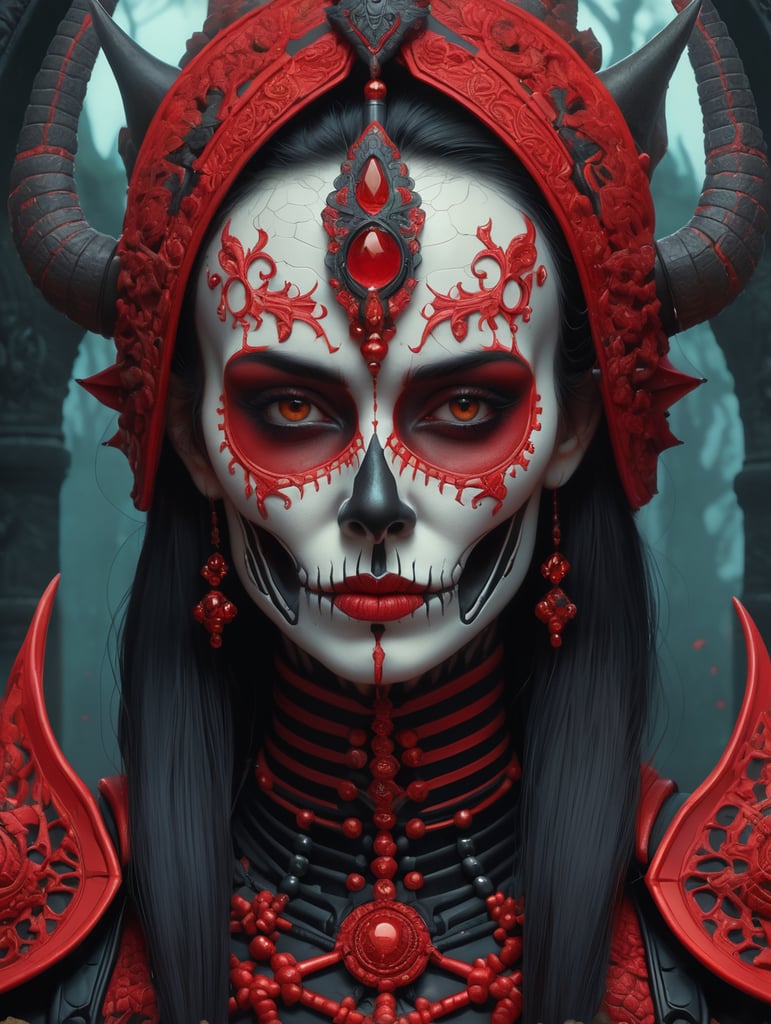 skeletal warrior art portrait by casey weldon, red and black color palette, olga kvasha, miho hirano, hyperdetailed intricately detailed gothic art trending on artstation triadic colors unreal engine 5 detailed matte painting, deep color, fantastical, intricate detail, splash screen, complementary colors, fantasy concept art, 8k resolution, gothic deviantart masterpiece
