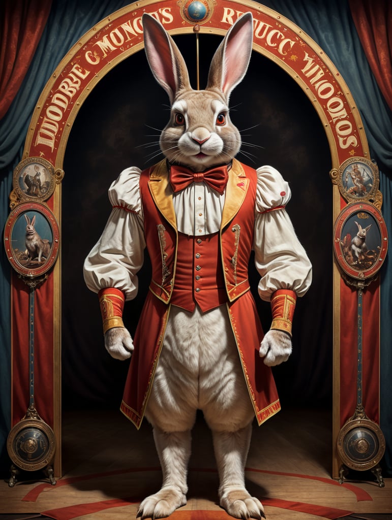 Vintage style circus sideshow poster of a full body anthropomorphic rabbit with the world’s longest ears