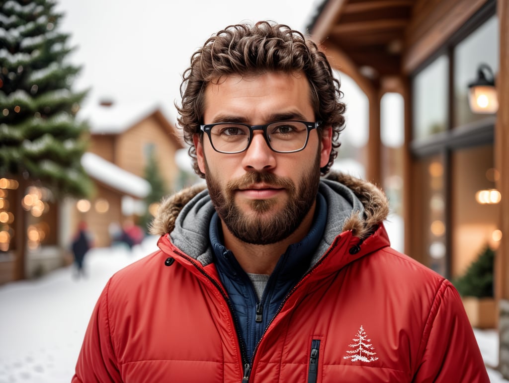 portrait of a bearded curly man wearing red puffer jacket, reeding glasses, stands front camera with gift box his hand, snowy weather, Christmas time, blurry background