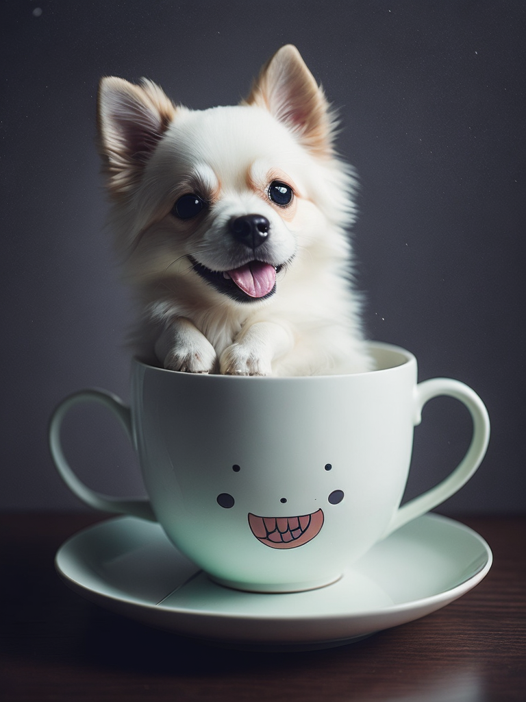 A super cute teacup dog, showing his head, smiling happily, the dog is fluffy, flower white, the teacup is flower pot style, ceramic material, clean background solid color, super delicate image quality, pixar style, super delicate details, shiny snow white fluffy
