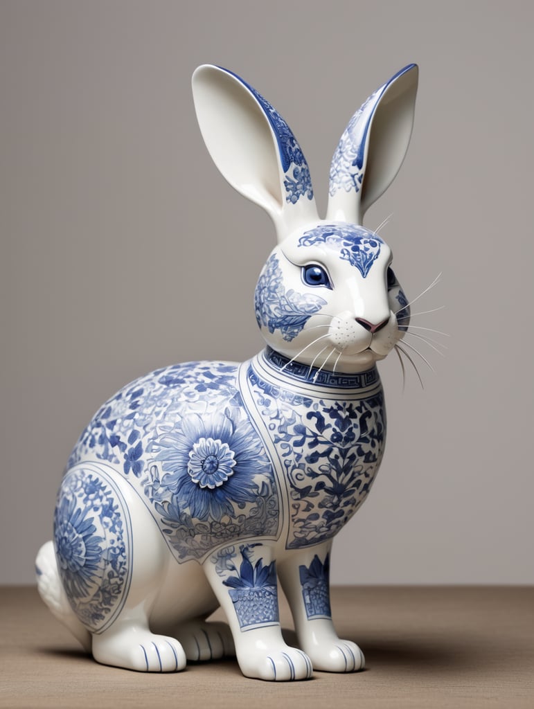 a chinese rabbit made of white ceramic with blue ink, stunning intricate designs, ((geometric and floral patterns, fine art))