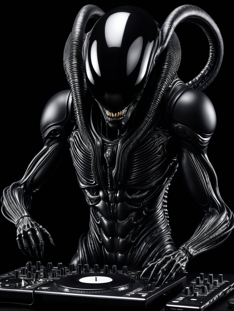 Xenomorph Alien , Alien, avant-garde, simplygo, spread, dressed in all black, black background, harpers bizarre,hyper realistic playing techno dj in rave