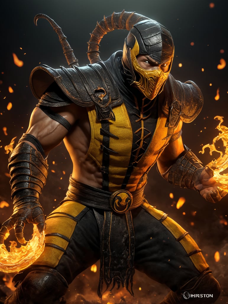 Scorpion from Mortal Kombat, cartoon style, fire