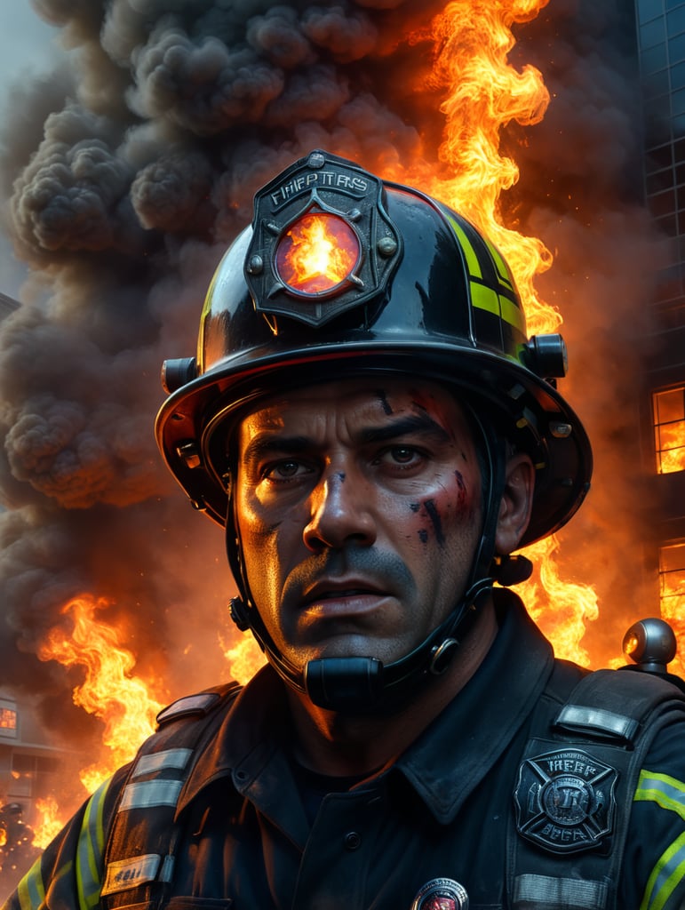 Firefighter, front facing, in a burning office building, fire, smoke, embers, realistic