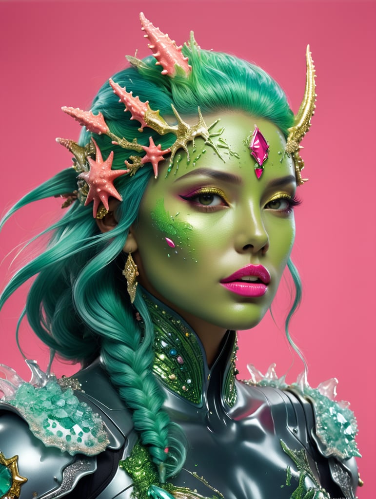 Make image look realistic Include green skin tone Include pink lips Include hot pink background Include pink seastar on forehead include gold coral headdress Include aqua colored hair Include ice shards on shoulders of grey colored hero suit