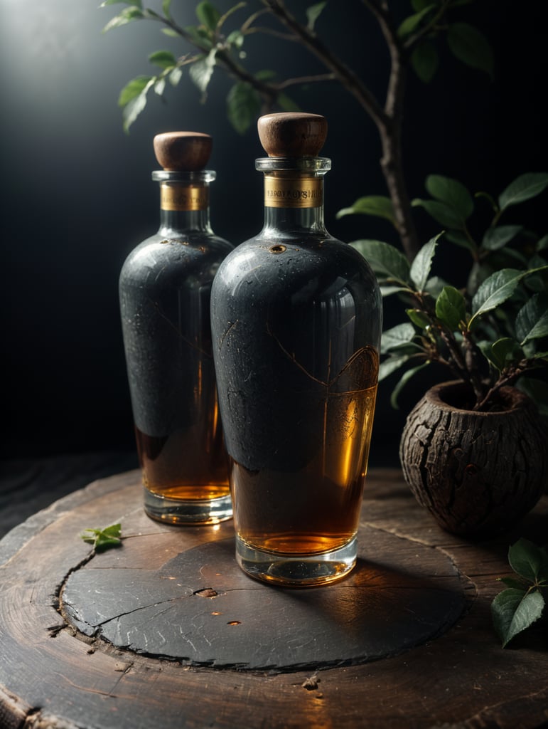 Quiero hacer una botella de tequila ancestral de cerámica de 700 ml. Con un tapón de metal dorado. Sobre una mesa de madera deben colocarse una botella y unas ramas de arbol . Queremos que la marca sea fiel al antiguo estilo prehispanico.