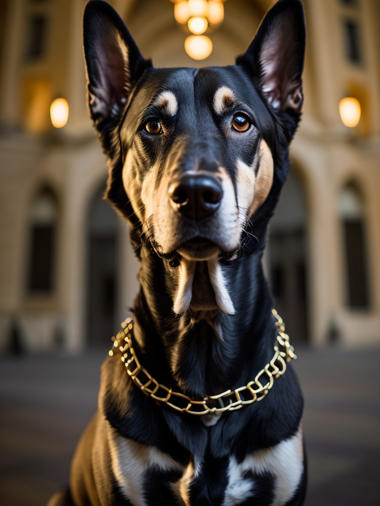 Podengo dog, golden chain, aggresive look, in front of a castle, dramatic Lighting, Depth of field, Incredibly high detailed, deep colors, professional photo