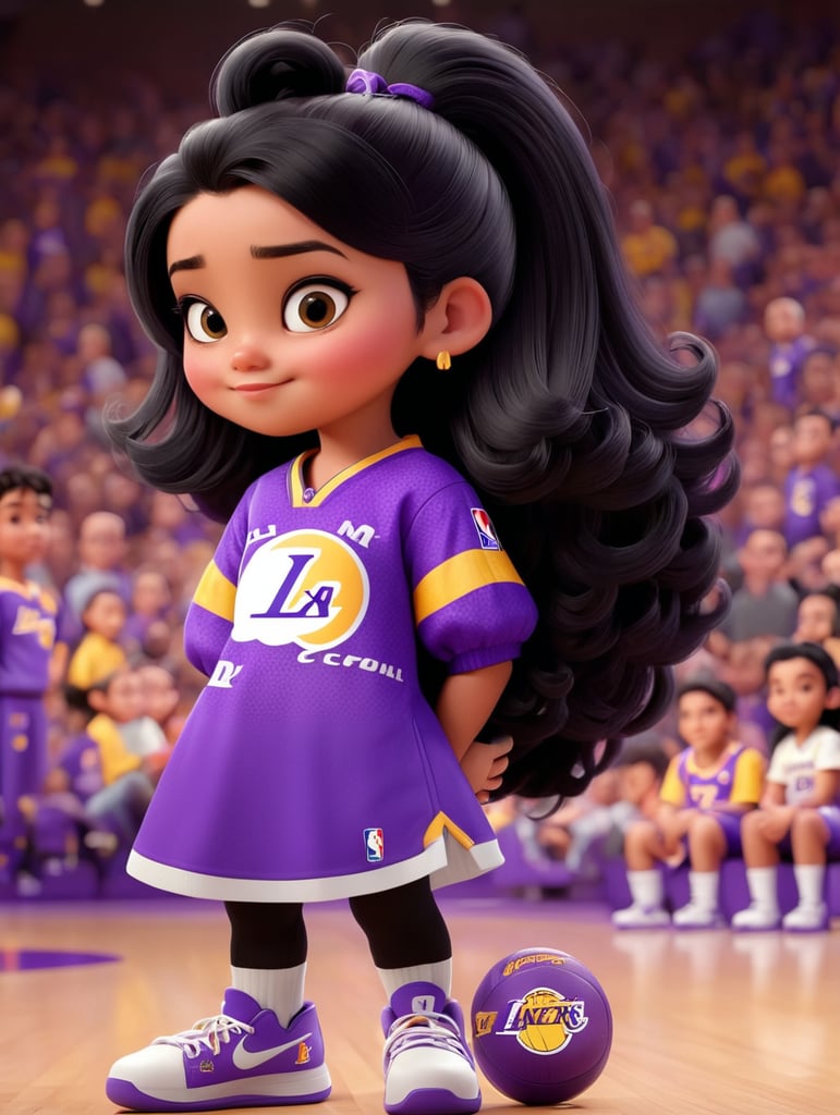 Girl with black hair dressing Lakers clothes