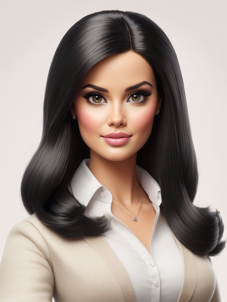 Drawing of an adult Barbie teacher, oval face with thick body, white skin, straight black hair, black eyes