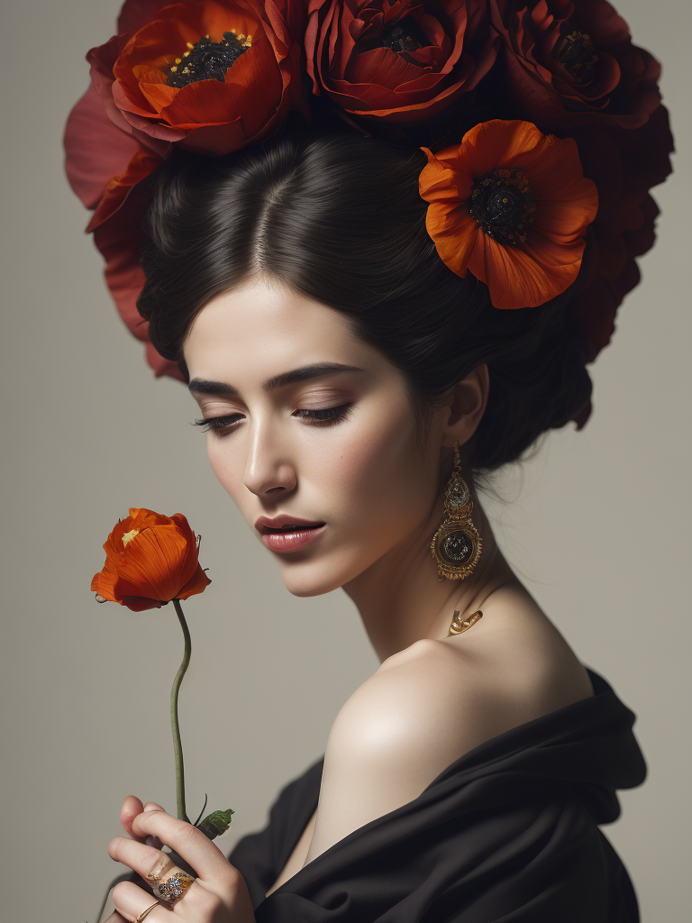 Giuseppe Scuderi, ultrafine detailed painting of a woman with an opium poppy flower in hir hair, whimsical, detailed painting