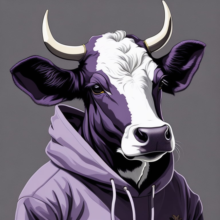 Hip Hop white cow,portrait, in violet hoodie, style of John James Audubon, Vector