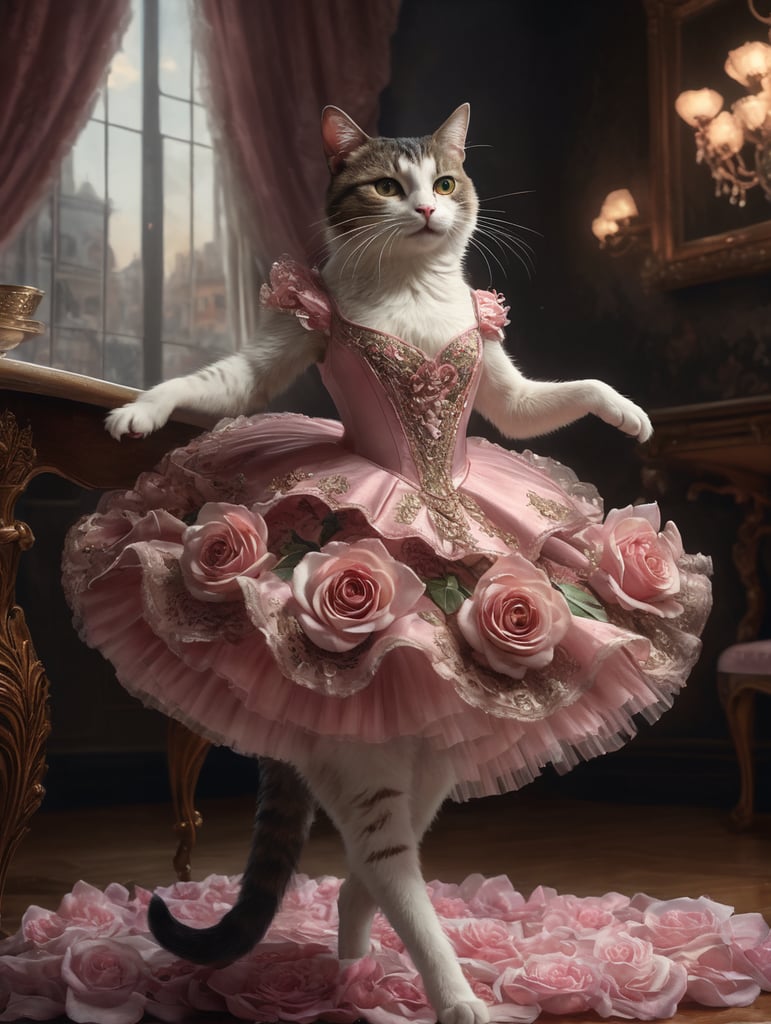 ballerina cat in a rose dress