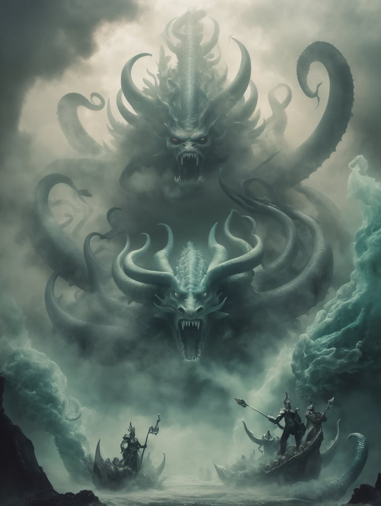 seraphims in hell with leviathan and mermaiids with smoke heads