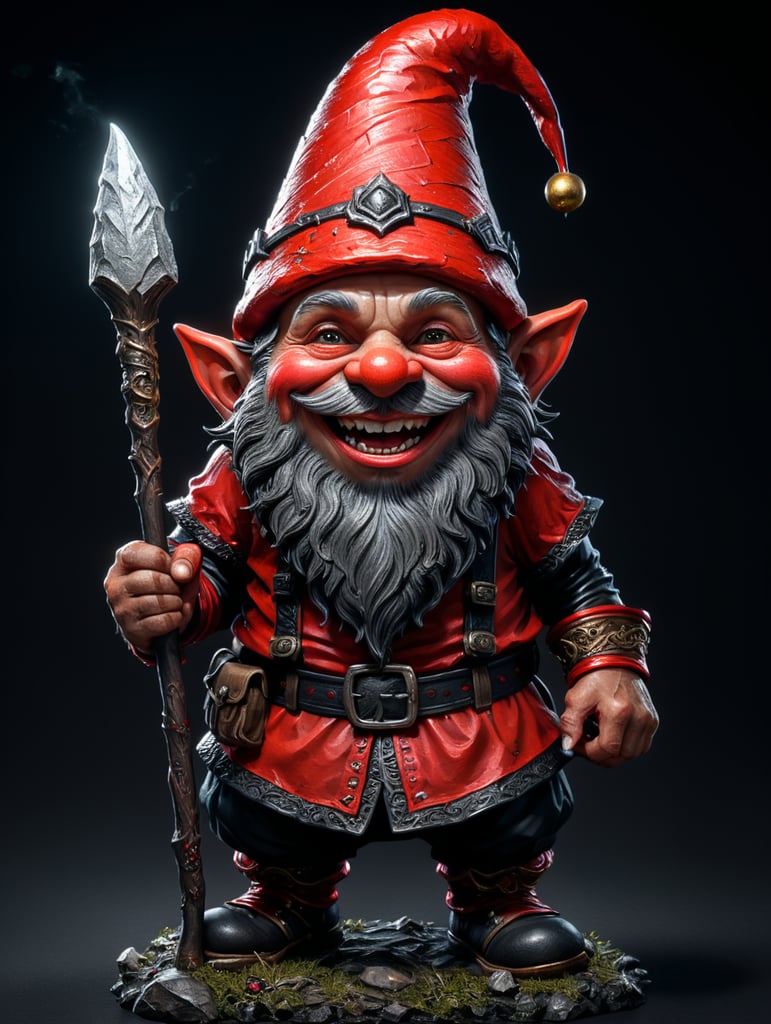 red and black gnome, Full body, black background, fantasy, fully detailed, festive, laughing