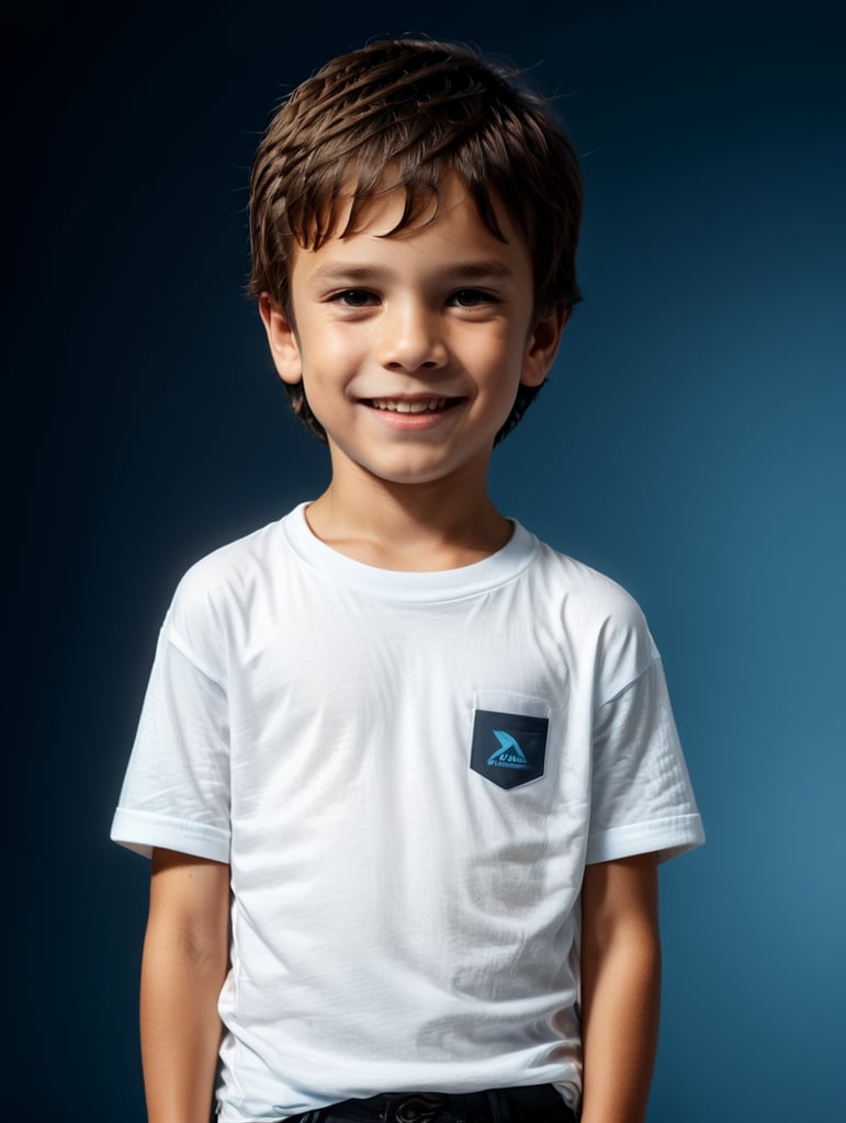 a Little boy wearing white t-shirts, standing in front of blue background, blank shirt no print, 9 years old smiling, photo for apparel mock-up