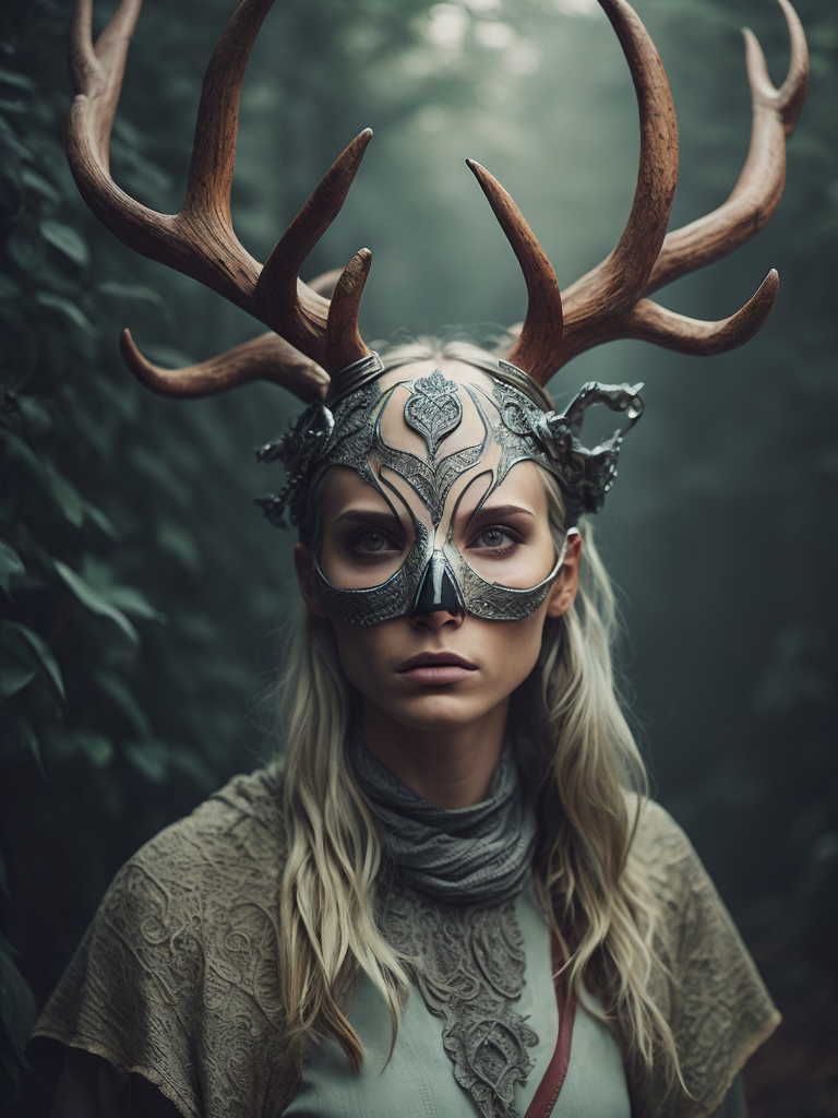 full-length portrait of a Celtic pagan druid wearing a stag skull mask, rune symbols, fantasy concept art, highly detailed