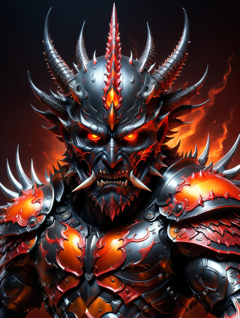 A full body art illustration of a hellish winged demonic deity with metallic armor and a spiky razor sharp mask over his face crimson orange red obsidian black, soft light, soft glow, large crimson halo, Intense colors. Digital art, hyper detailed, masterpiece, high quality, depth of field, ultra HD