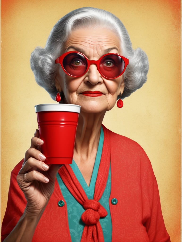 Miami granny holding a red cup eye-catching poster-style drawing and illustration representing the iconic pulp style.