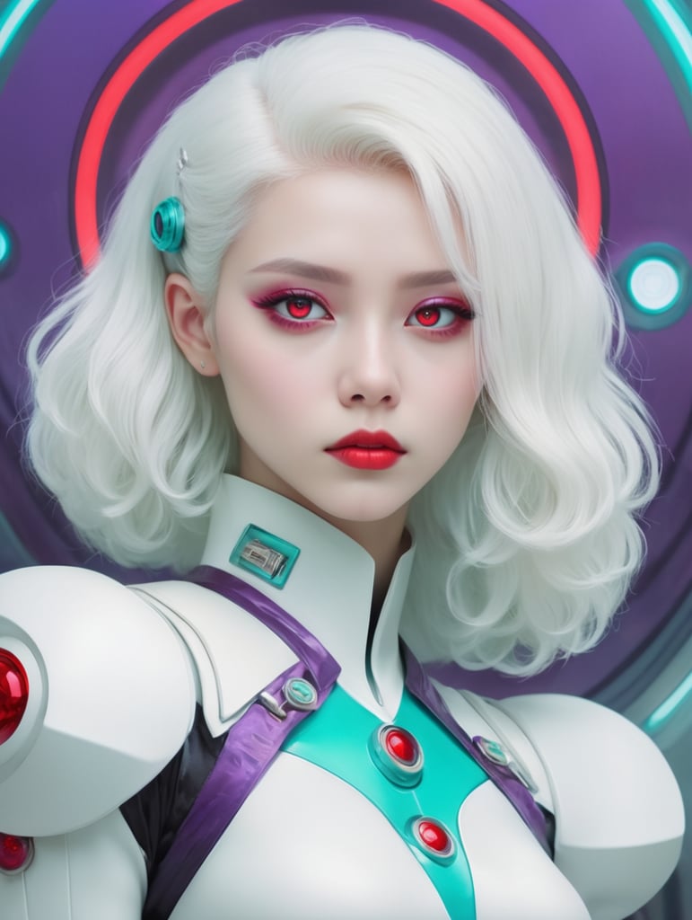 n albino girl with red eyes and white hair, in the style of retro-futuristic propaganda, purple and cyan, anime aesthetic, steelpunk, comic art, qing dynasty, experimental form