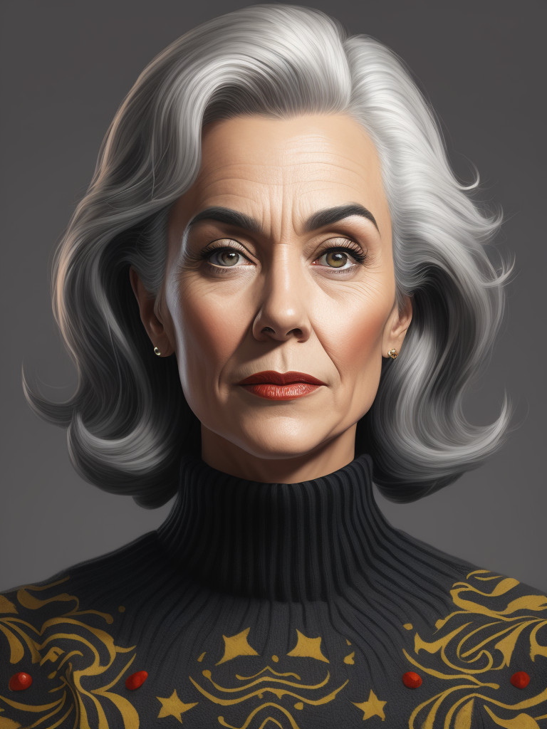 Colorful graphic illustration, pop art, late 50s caucasian woman in a turtleneck with shoulder length gray hair.
