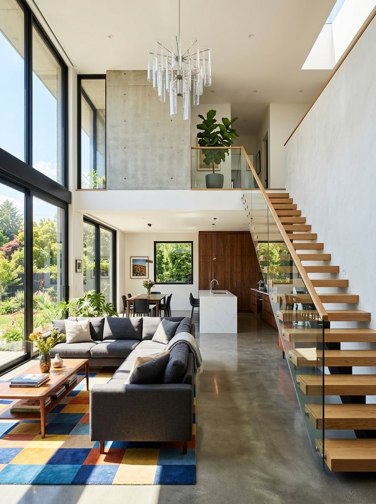 A brightly lit modern open-plan interior featuring a dark grey L-shaped sofa beside a vibrant checkered rug on polished floors. Sunlight floods through expansive black-framed windows, illuminating a sleek white kitchen island, dark dining set, and rich wood cabinetry. On the right, a floating wooden staircase with glass railings ascends beneath a double-height ceiling holding a sculptural glass chandelier. Wide-angle architectural photography emphasizing clean lines and high-contrast natural lighting.