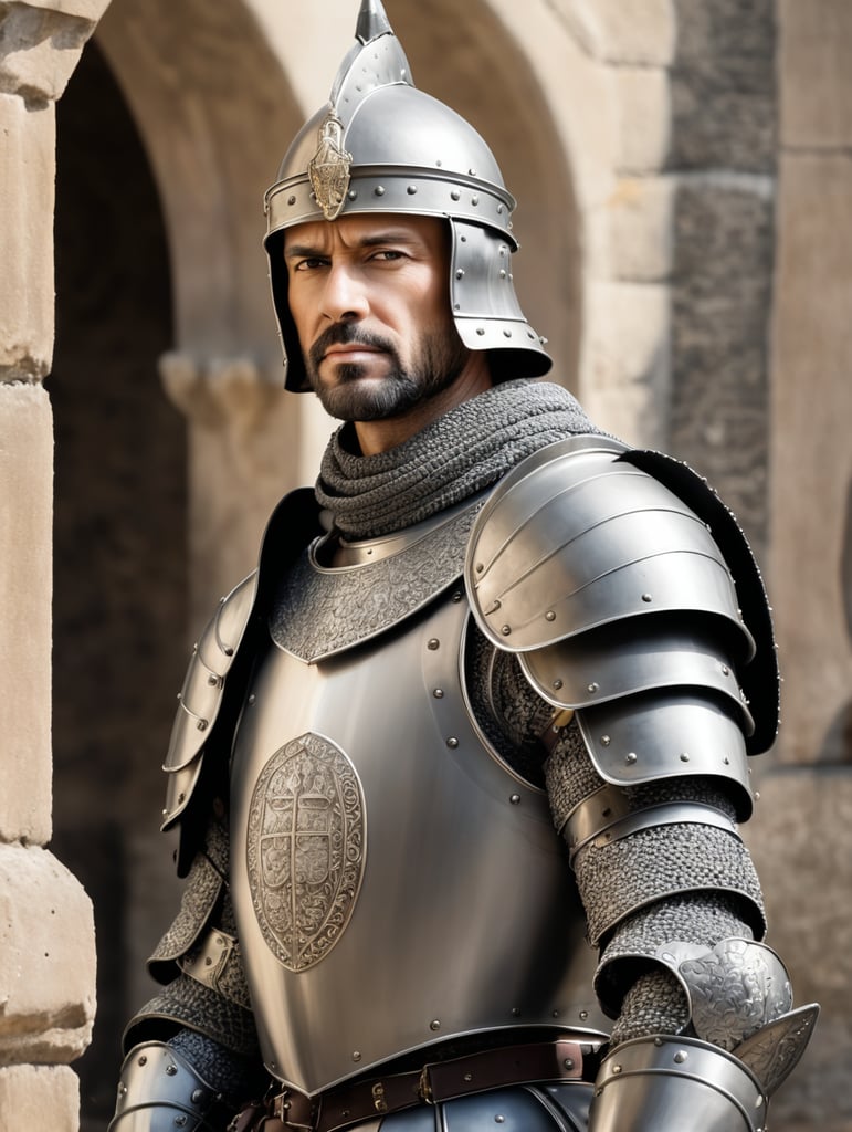 potrait of midieval king in front of his castle in full armour