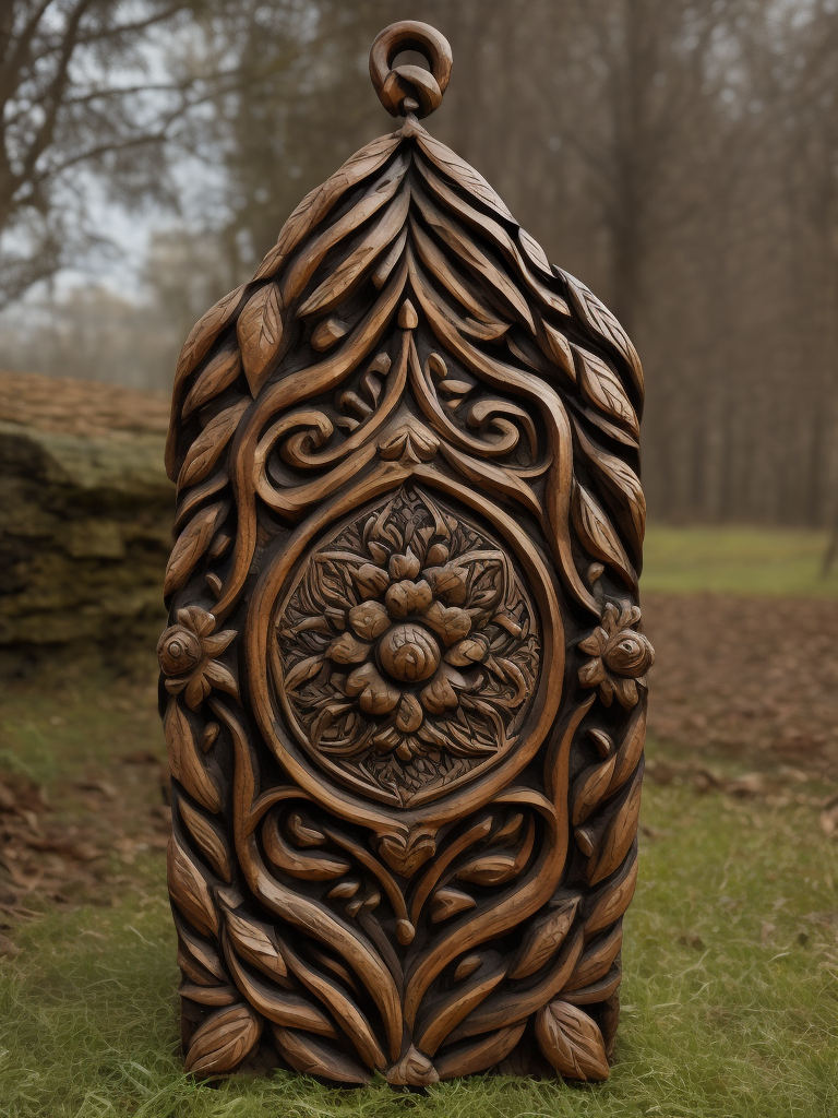 a slavic ornament carved from the dark reed wood, detailed, deep carving, handcrafted
