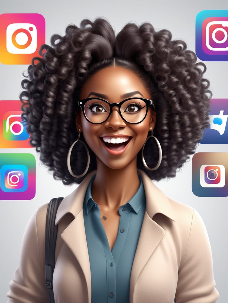 Create a 3D illustration of a character 32 year old black woman with curly hair excited with silk glasses casually on top of a logo social media "Instagram". The character
