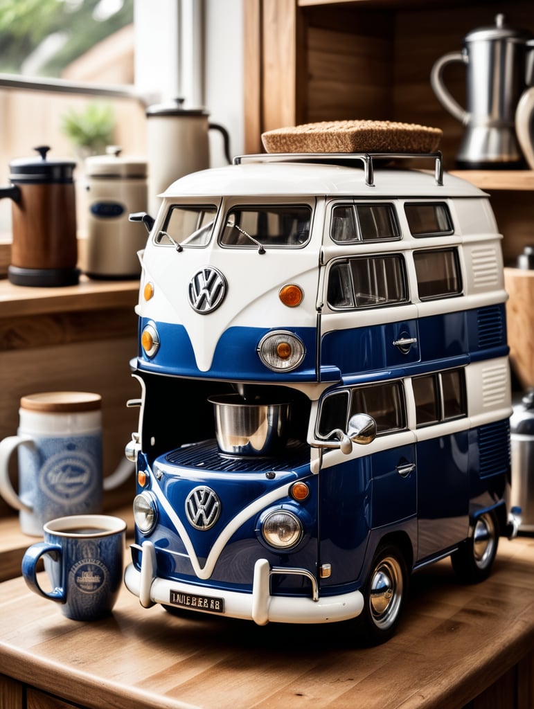 a vintage coffee maker shaped like a blue and white volkswagen kombi, grain grinder on top, coffe mug, kitchen, realistic