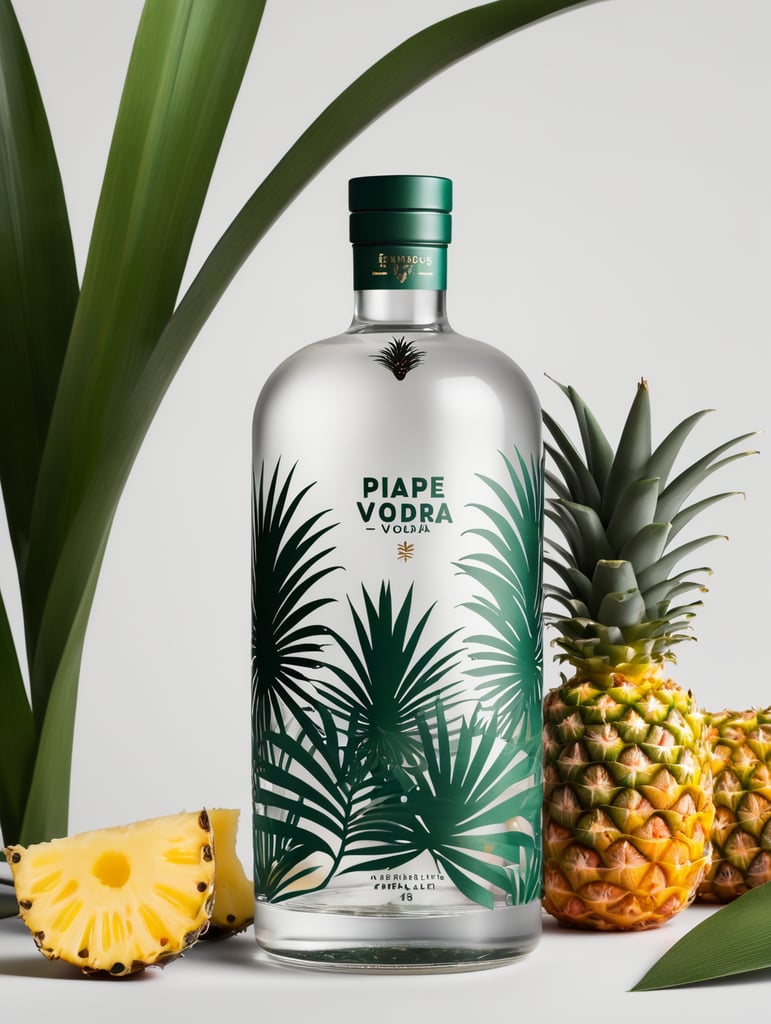 Packaging and branding for a pineapple vodka brand as if it had been designed by HI ESTUDIO with In a set design with pineapple, pineapple leaves.