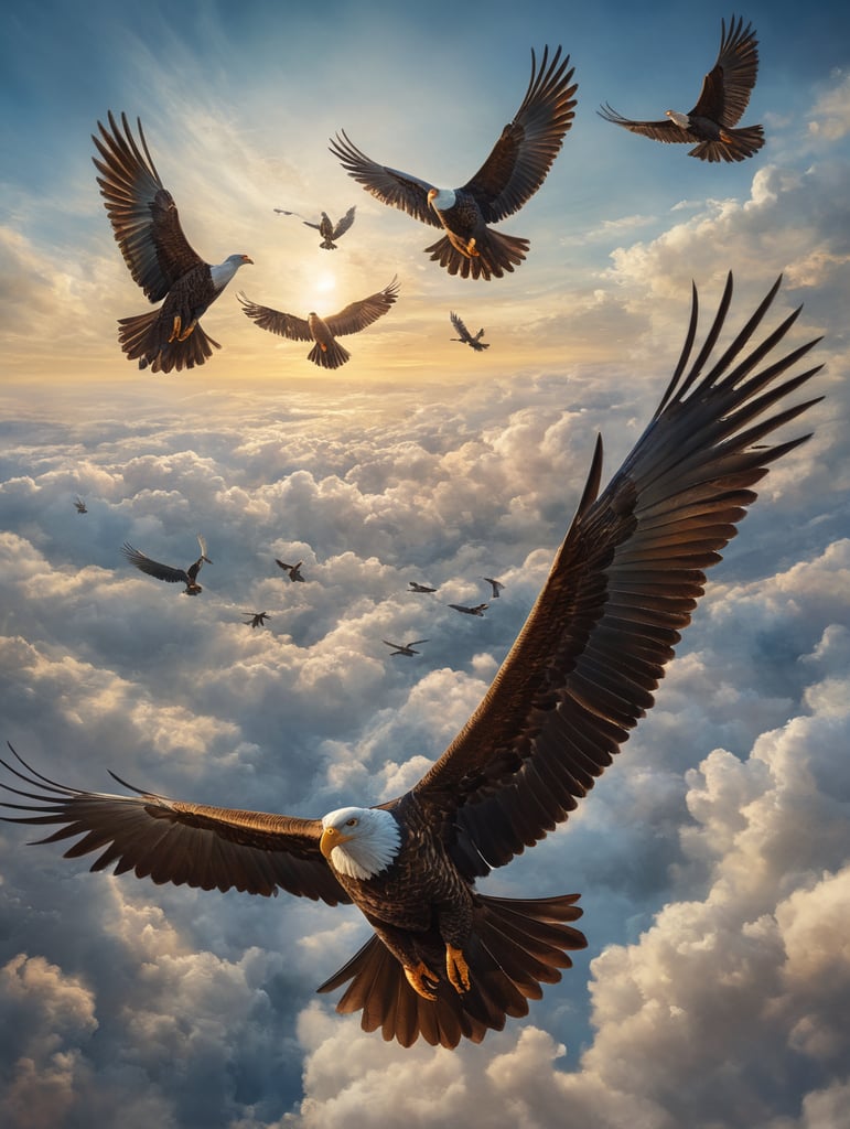 High above a magnificent display unfolds as a 5 birds soar through the expansive blue sky With their wings spread wide