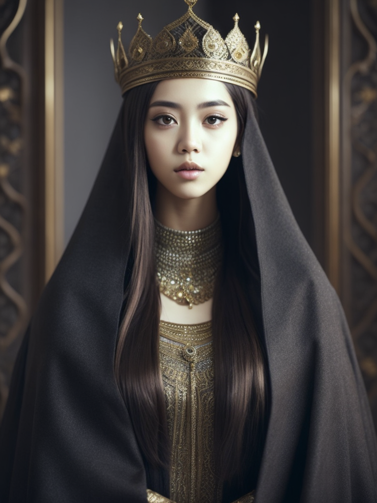 jisoo blackpink with arabic fashion black cloak and gold crown in the Renaissance ottoman throne kingdom photo realistic illustration fashion islamic fashion fantasy hyperdetailed