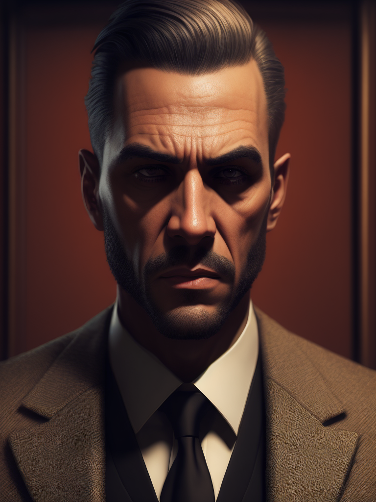 Portrait of a mafia boss in formal suit, Thick build, Hair slicked back, Aggressive look, Against a vintage interior, Subdued tones, Deep colors, contrasting light,
