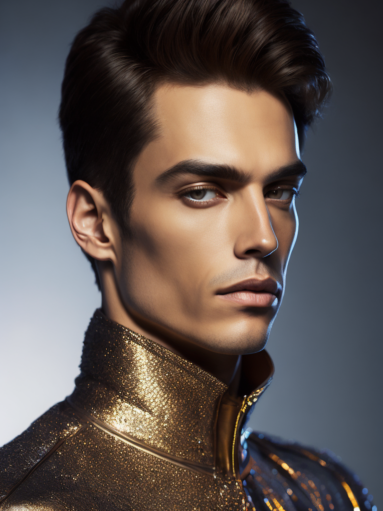 Male super model in a shiny metallic suit, Movie light, Photography, studio photo, professional photo, Rich colors, Detailed image, detailed face, style of James Bidgood