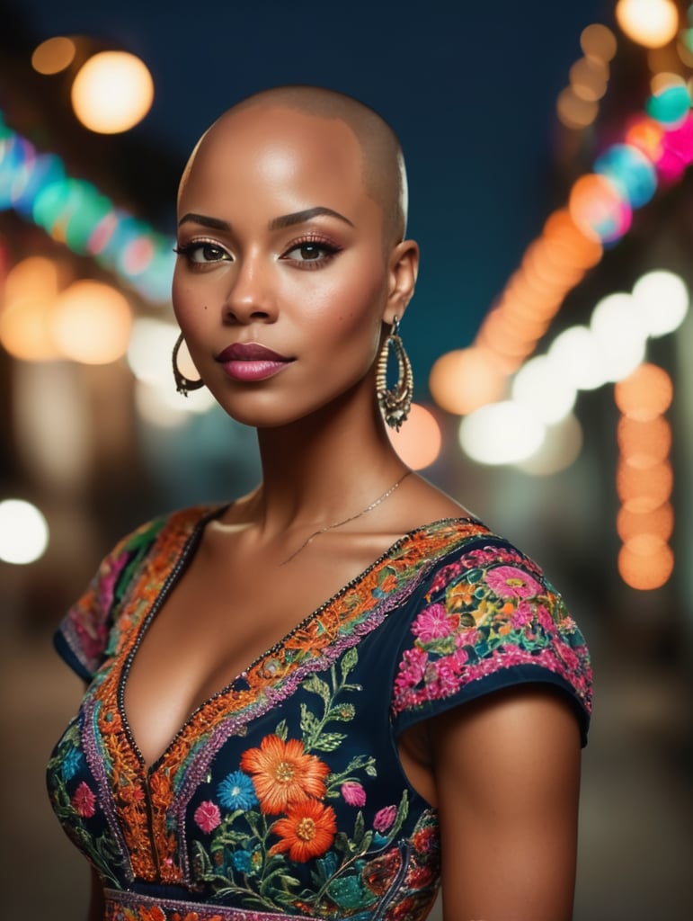 Beautiful hot bald black woman with freckles, wearing a colorful, vibrant, detailed embroidered dress, medium-full shot, at night