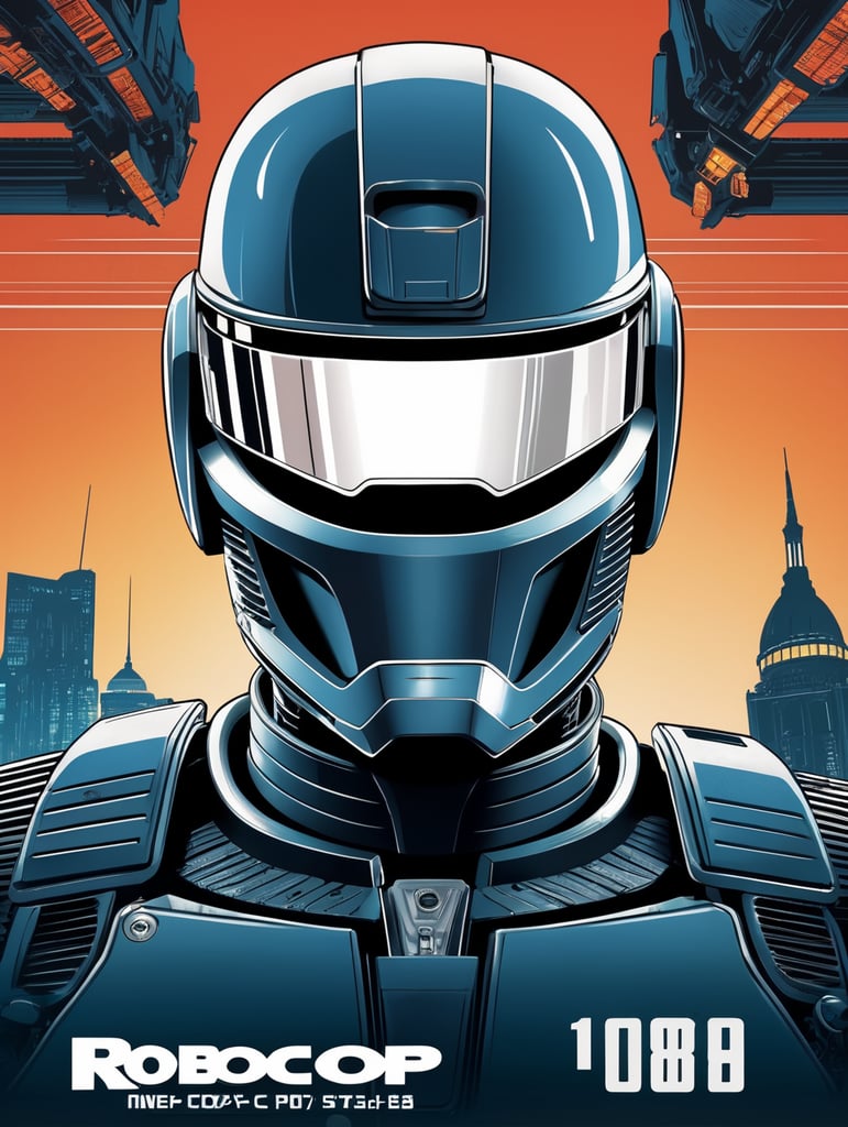 Robocop 1984 style eye-catching poster-style drawing and illustration representing the iconic pulp style