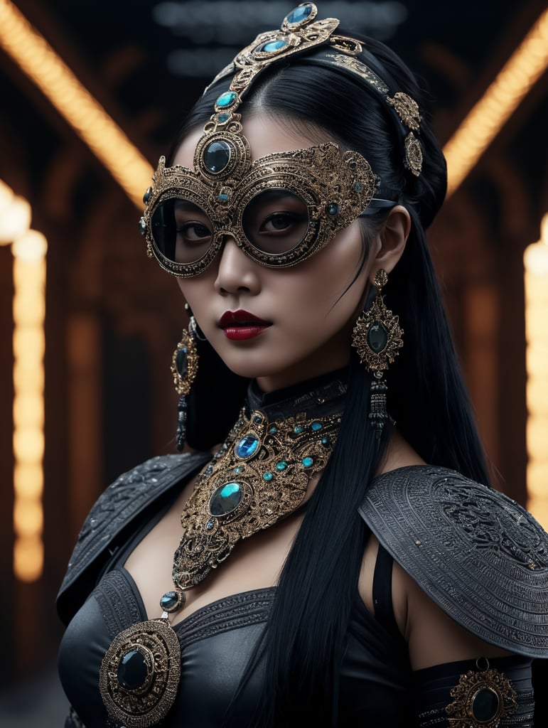 Jeweled mask, solarpunk travaler, futuristic mongolian nomad, traditional japanese outfit, gothic, avant garde glasses, technical outfit, construction worker, full body, women posing, epic portraiture, culturally diverse elements, full body, award winning photography, tinted light, modern african high fashion, futuristic experimental fashion photograghy, gothic avant garde, religious iconography, thick jewelry, abstract painted dress, matt black mask