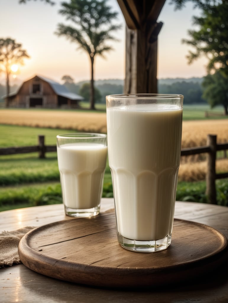 A mockup of a glass of milk, early morning, farm blurred background