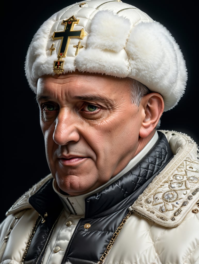 Professional photo of a glamour Pope Francis looking stylish in a white puffer jacket