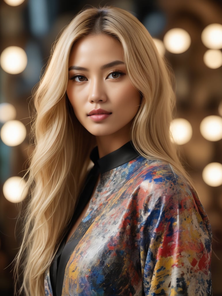 Hasselblad photo portrait of a beautiful and mysterious Tokyo woman model with long extra blond hair, wearing short clothes inspired by Jackson Pollock, creating the most incredible 2018 fashion look possible. The setting is a clear house with colorful paintings, an astonishing lighting ambiance. The woman is standing with an intense look, very long blond haircut, with lots of 12k contrast, many original details. The scene is epic, high couture, artistic, with light skin and detailed features. She is facing away from the camera, looking back with a big smile, using a Givenchy 100mm portrait lens. The lighting is golden and professionally captured by a natural light photographer.