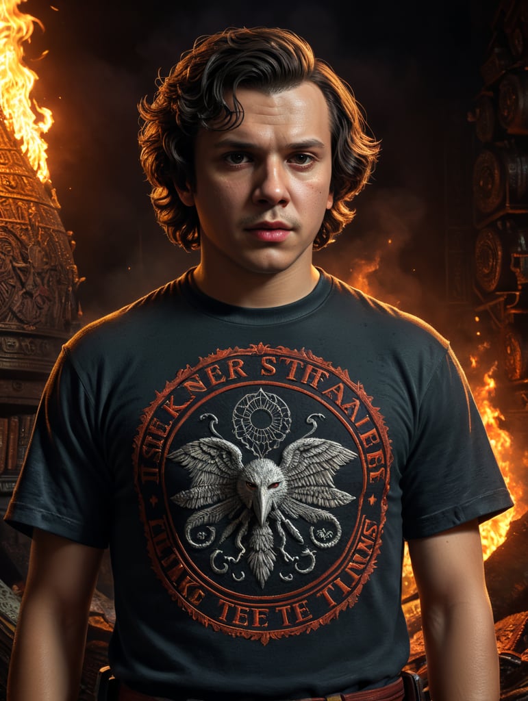 Peso Pluma looks like mike wheeler from stranger things, Hellfire Club t-shirt