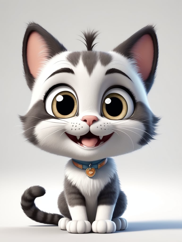 мультяшная кошка, весёлая и добрая, улыбающаяся, с большими добрыми глазами,длинными ресницами, выполнена в красивой анимации Disney, в стиле Pixar, в стиле Disney, 3D, на белом фоне, во весь рост,полностью