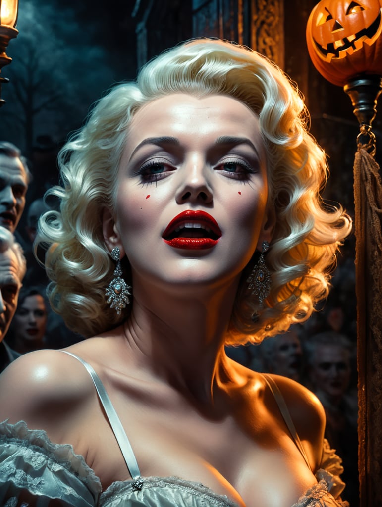 By George A. Romero, eerie Halloween night, Marilyn Monroe resurrected as a ghostly 1950s starlet, haunting old Hollywood set, surreal fear, Halloween charm, cinematic photography, action shoot, movement, epic, high definition