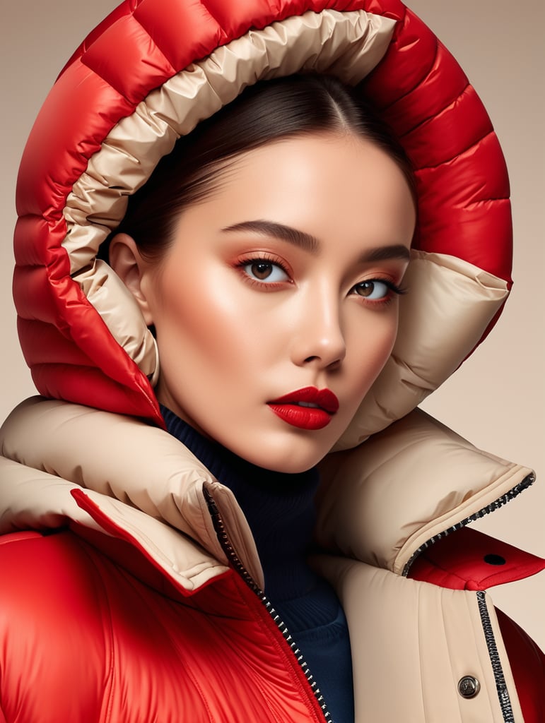 cover magazine models editorial photo, vibrant red puffer jacket, avant-garde, simplygo, photoshoot spread, beige background, harpers bizarre, cover, headshot, hyper realistic