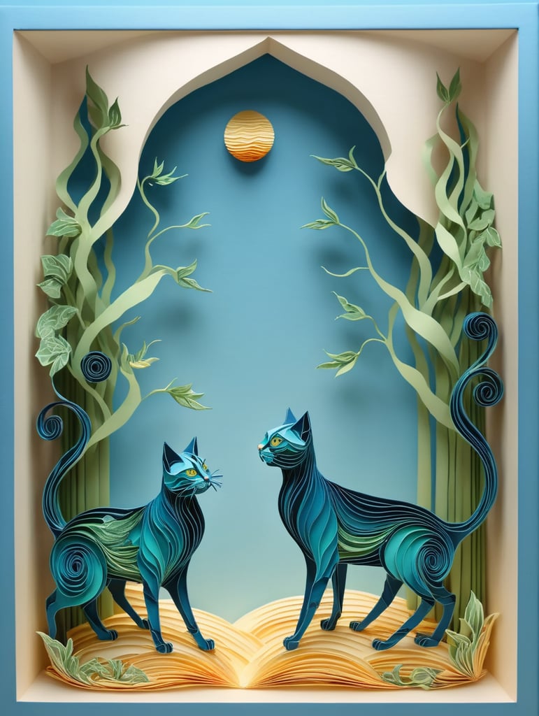 Green cats with very long, thin legs. Painted in the style of Salvador Dali. Blue sky.