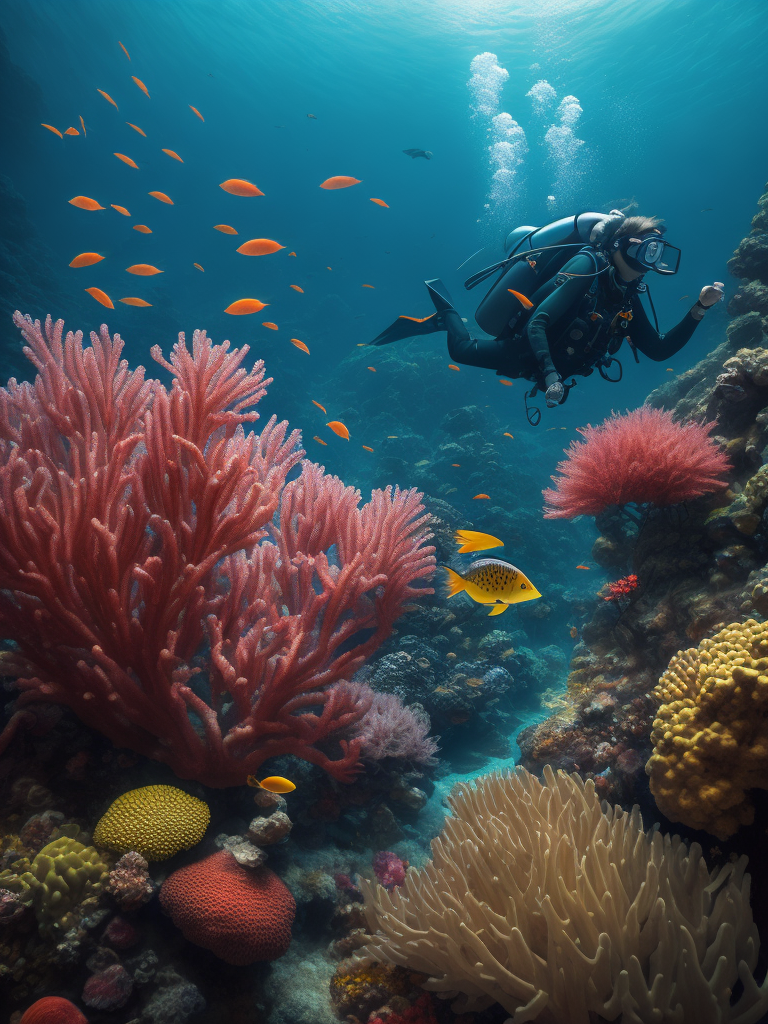 Scuba Diver in magical underwater scene with colorful coral reefs and exotic fish