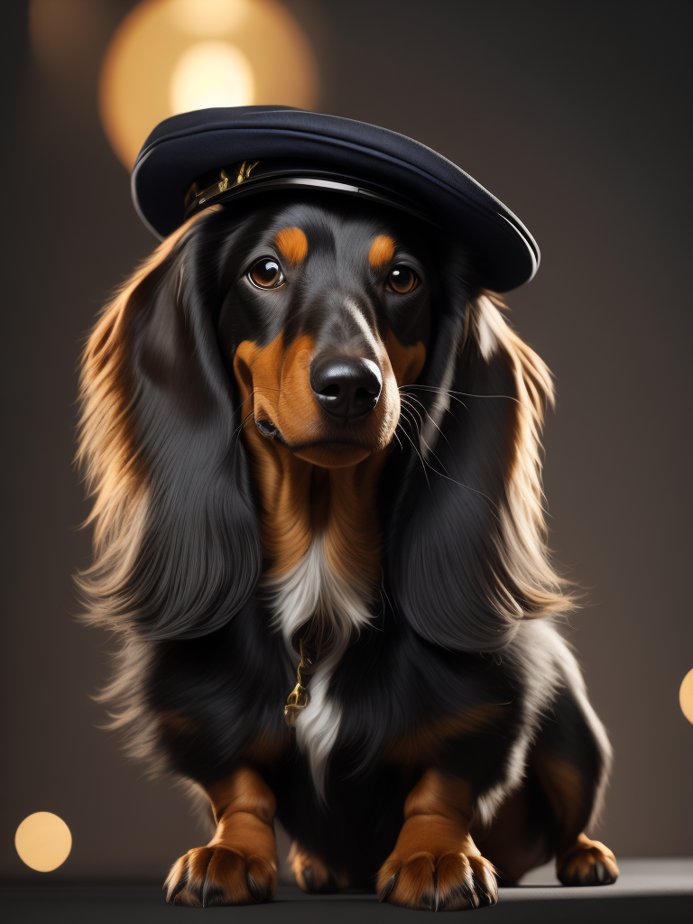 long hair dachshund dog with black fur and a brown face wearing a captains hat