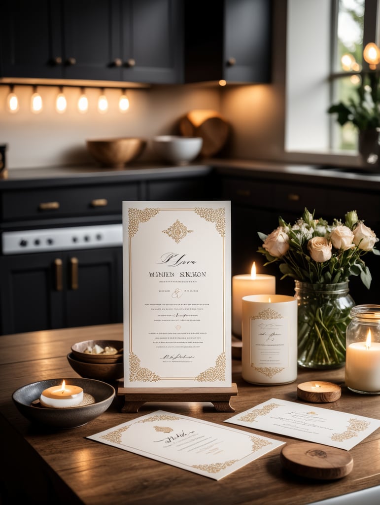 wedding invitation on the kitchen bench. nice moody light